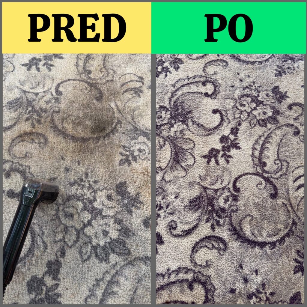 Koberec so zaschnutými škvrnami od hrozna pred čistením a po použití Teendow C7 Max