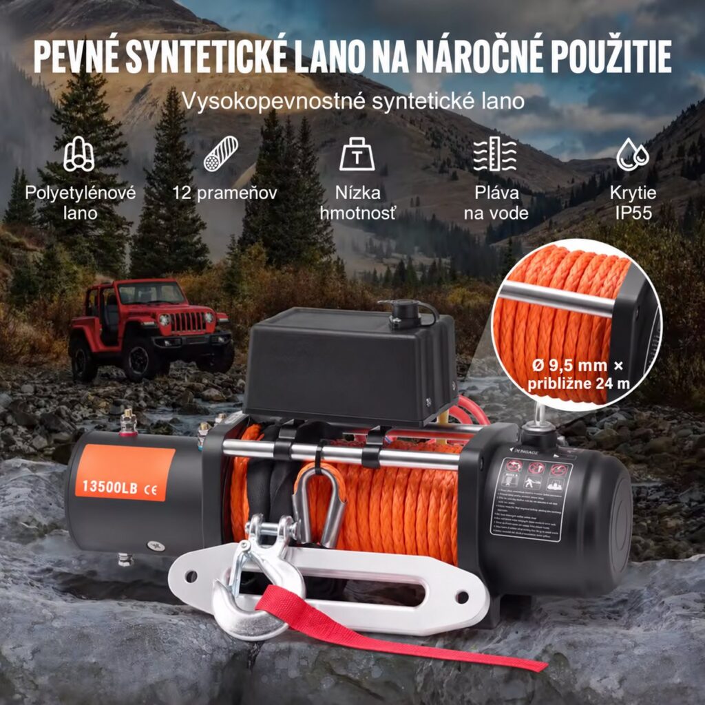 Navijak s oranžovým syntetickým lanom a prehľadom jeho vlastností