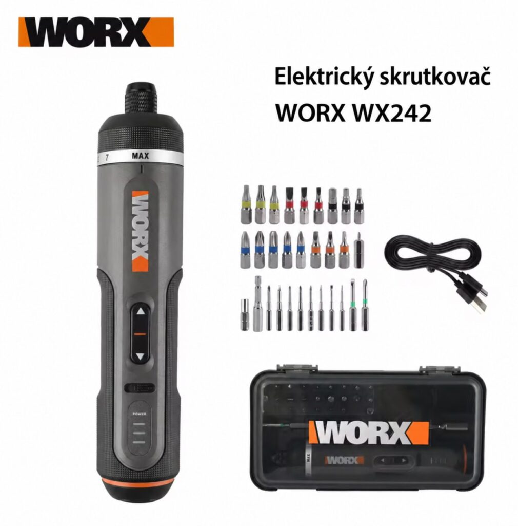 úprava WORX WX242 so skrutkovačom, bitmi, nabíjacím káblom a úložným puzdrom.
