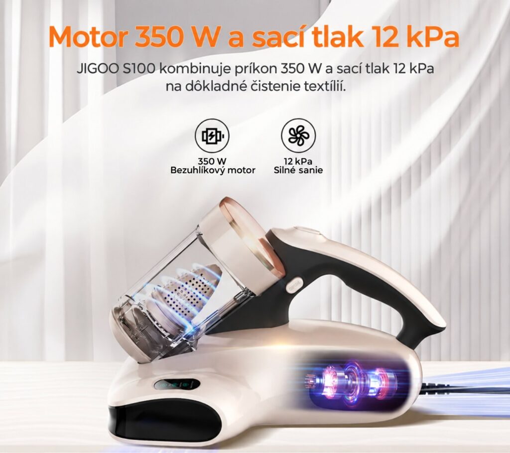 JIGOO S100 s príkonom 350 W a sacím tlakom 12 kPa.