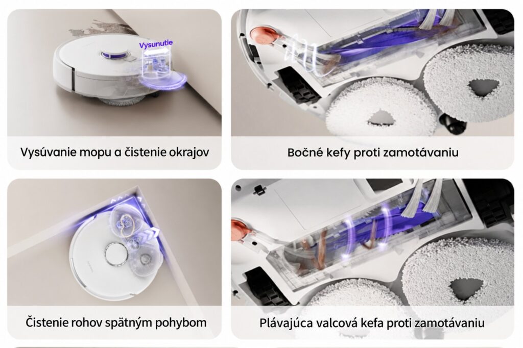 Vysúvanie mopu a čistiace kefy robotického vysávača Narwal Freo Z10.