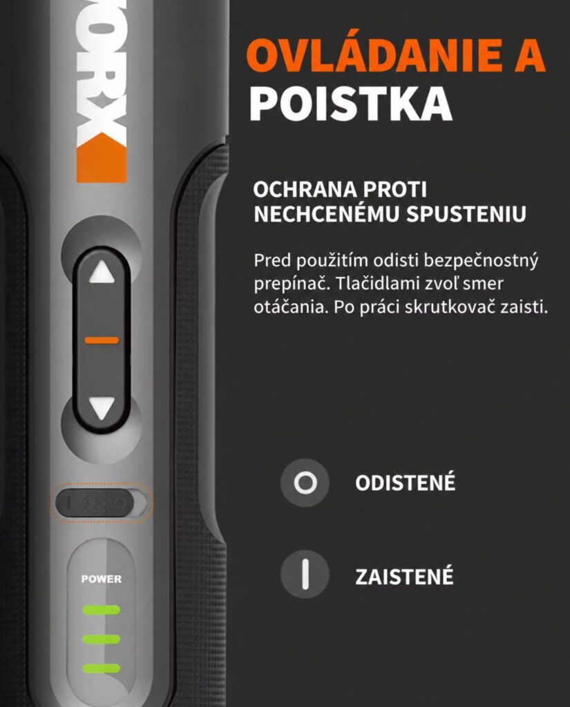 Detail tlačidiel smeru otáčania, bezpečnostného prepínača a ukazovateľa batérie skrutkovača WORX WX242