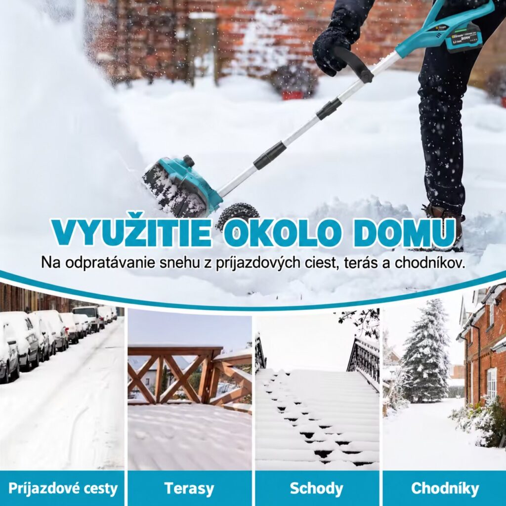 Príklady využitia snežnej frézy Gisam na príjazdovej ceste, terase, schodoch a chodníku.