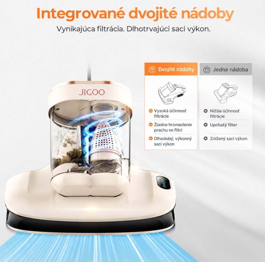 Dvojitá nádoba vysávača JIGOO S100 na oddelenie prachu a filtrácie.