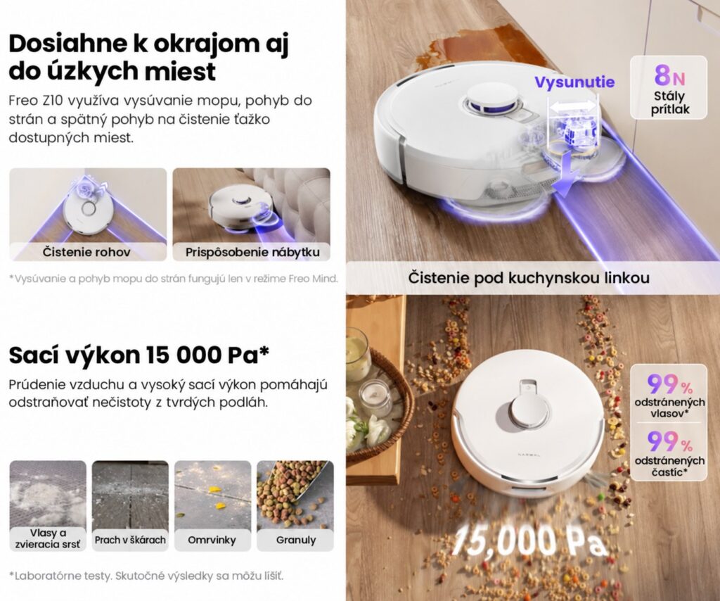 Narwal Freo Z10 pri čistení okrajov s prítlakom 8 N a saním 15 000 Pa.