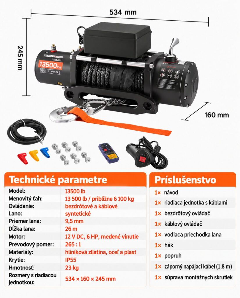 Rozmery, technické parametre a príslušenstvo elektrického navijaka 13 500 lb