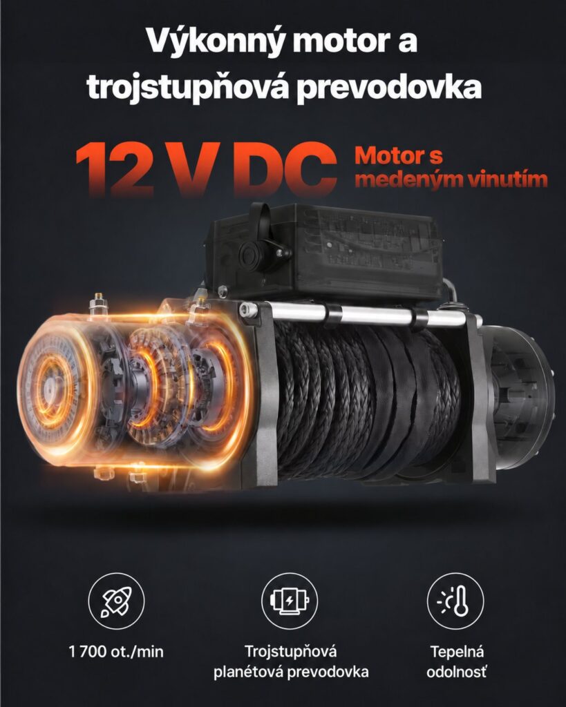 Ilustrácia 12 V motora a trojstupňovej planétovej prevodovky navijaka