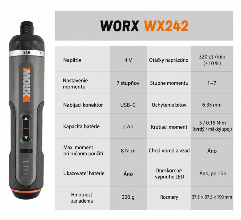Tabuľka technických parametrov elektrického skrutkovača WORX WX242 s fotografiou