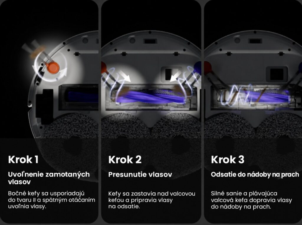 Trojkrokový postup uvoľnenia a odsatia vlasov pomocou systému DualFlow.