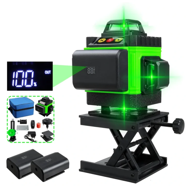 Zelený 4D laser na zdvíhacej podložke s dvoma batériami a príslušenstvom