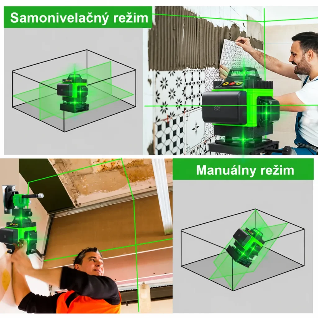 4D líniový laser pri práci v samonivelačnom a manuálnom režime