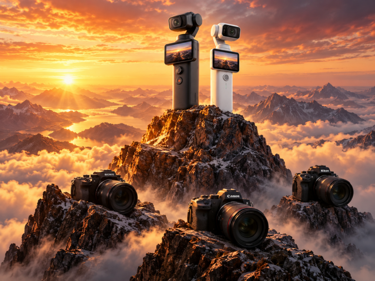 Ilustračná grafika DJI Pocket 4P a Insta360 Luna Ultra nad bezzrkadlovkami