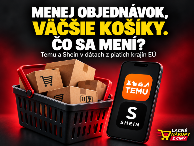 Ilustračná grafika nákupov na Temu a Shein s balíkmi a nákupným košíkom
