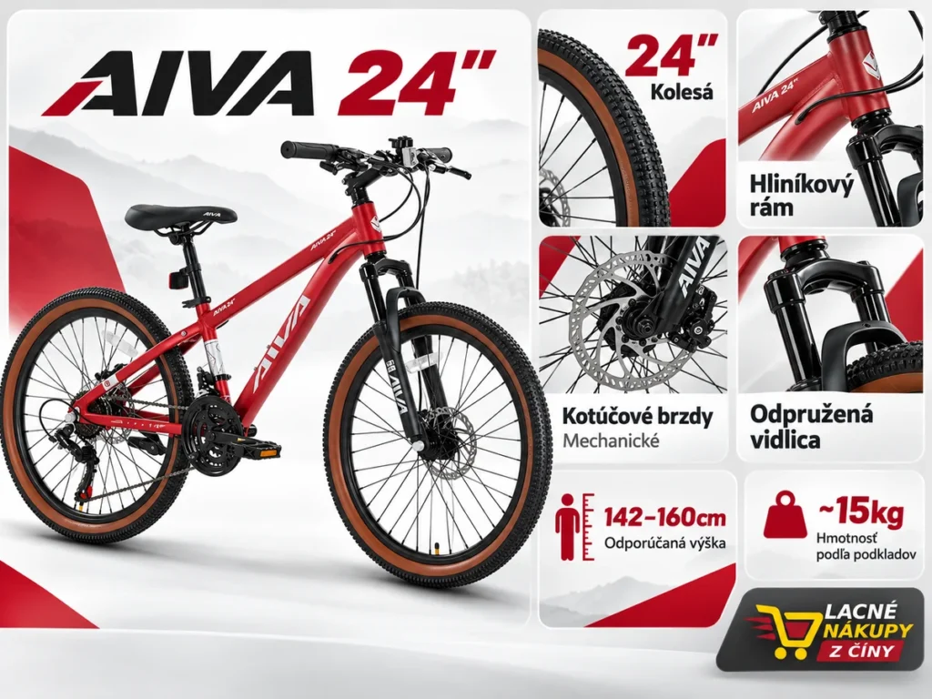 Červený bicykel AIVA 24″ a koláž jeho hlavných parametrov