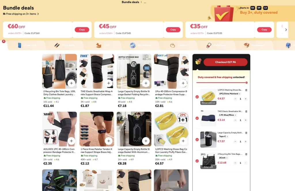 Výber produktov v sekcii AliExpress Bundle Deals s ponukou pokrytia dovozných poplatkov.