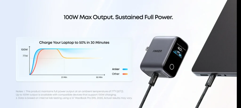 Anker Laptop Charger Pro pripojený USB-C káblom k notebooku