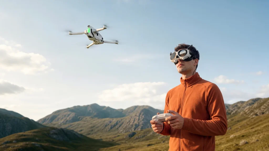 Pilot ovláda Antigravity A1 dvojpáčkovým ovládačom a používa okuliare Vision.
