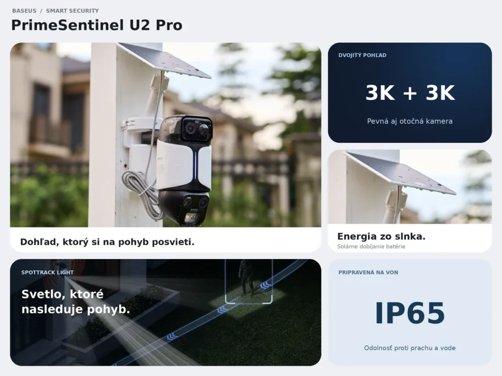 Baseus U2 Pro v dlaždicovej kompozícii s dvojicou 3K kamier, sledovacím reflektorom, solárnym panelom a odolnosťou IP65.