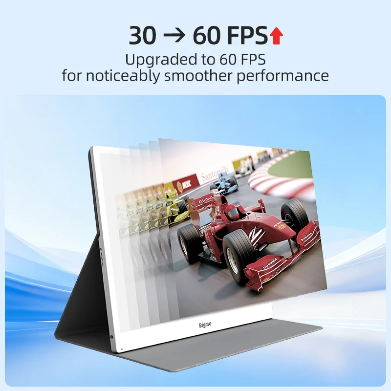 Bigme B13 Pro s ukážkou pretekárskeho auta a deklaráciou 60 FPS