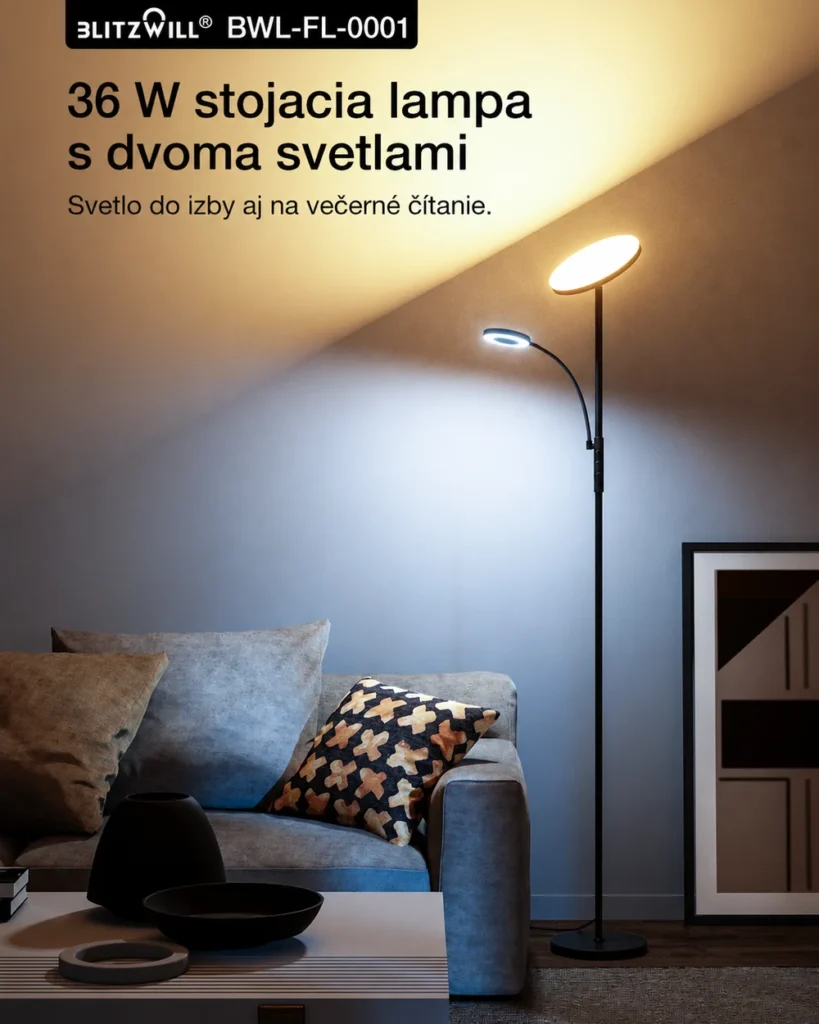 BlitzWill BWL-FL-0001 rozsvietená vedľa pohovky