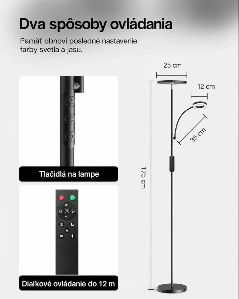 Tlačidlá, diaľkový ovládač a rozmery lampy BlitzWill BWL-FL-0001