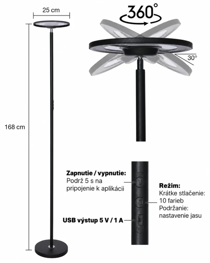 Rozmery lampy BLITZWILL BWL-FL4, nastaviteľná hlava a USB výstup.