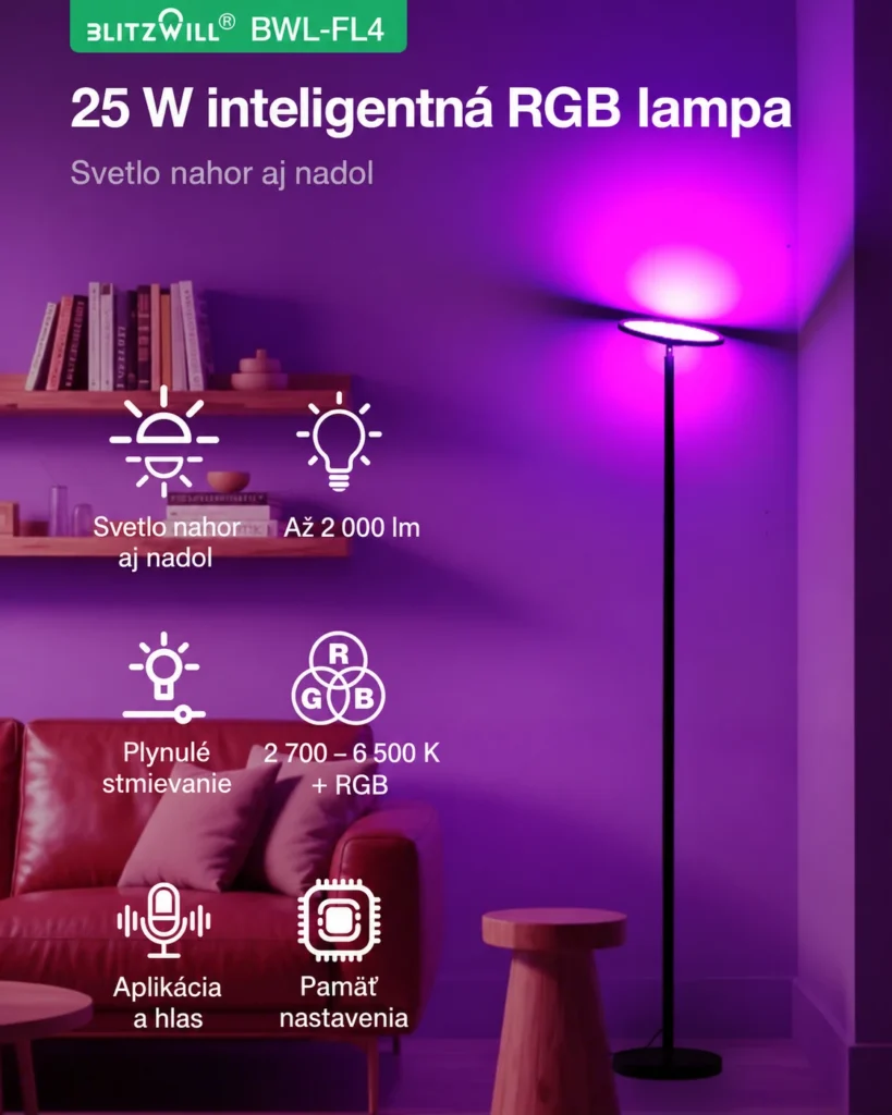 Stojaca RGB lampa BLITZWILL BWL-FL4 a prehľad funkcií v slovenčine.