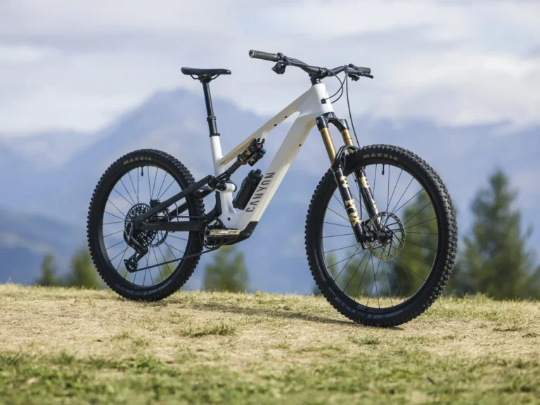 Canyon Spectral:ON CF 9 s karbónovým rámom na lúke s horami v pozadí
