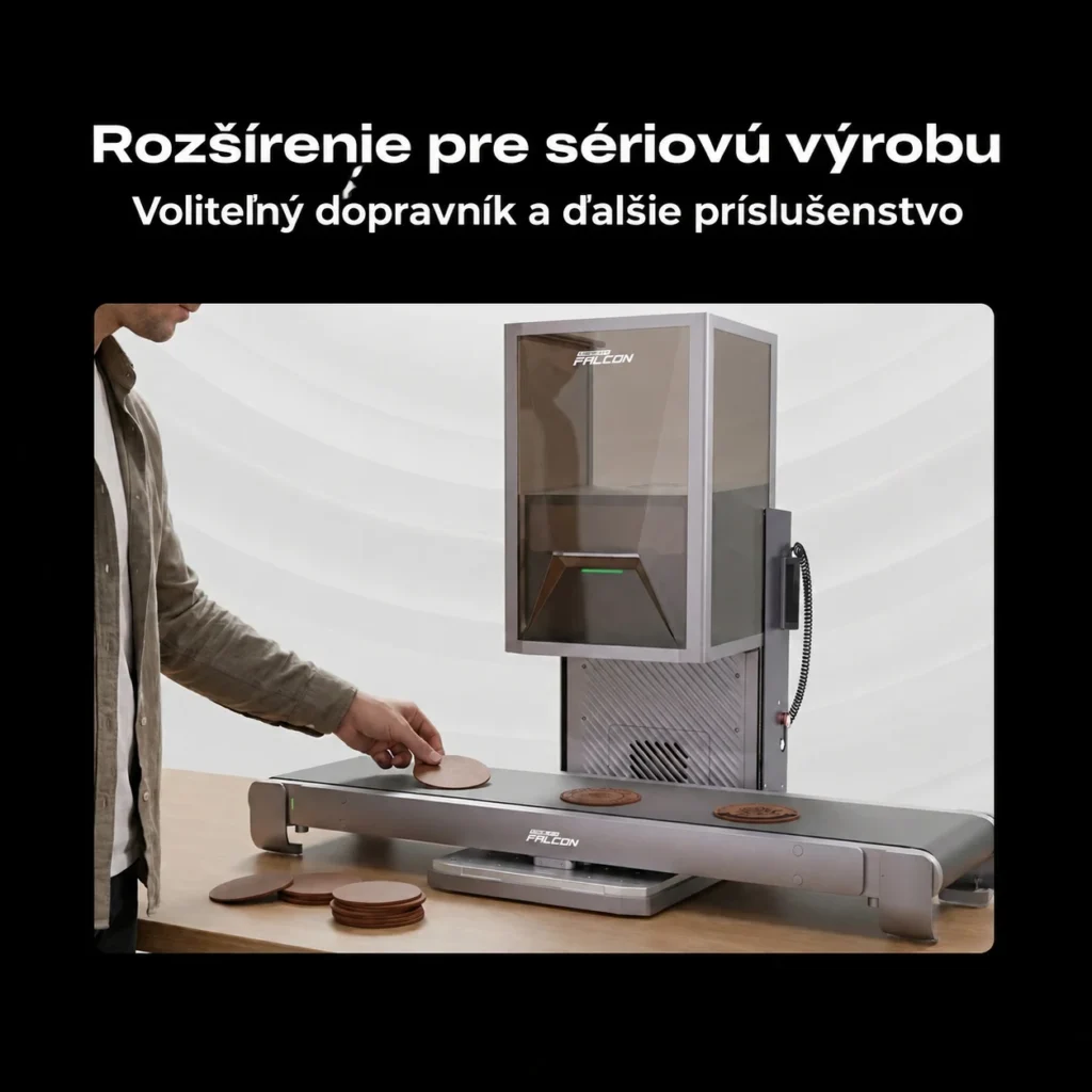 Ukážka práce s laserovou gravírkou Falcon T1 a voliteľným dopravníkom