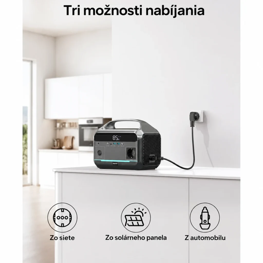 DaranEner NEO300L pripojená do elektrickej zásuvky s prehľadom troch možností nabíjania.