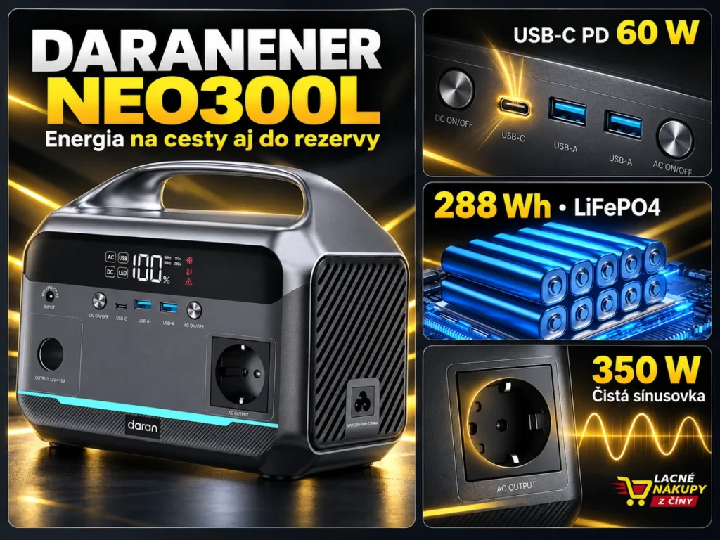 DaranEner NEO300L s detailmi USB-C portu, LiFePO4 batérie a európskej zásuvky.