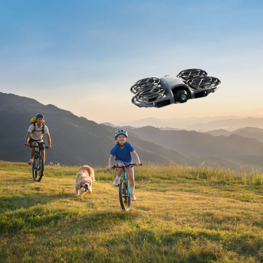 DJI Neo 2 v propagačnej scéne s cyklistami.