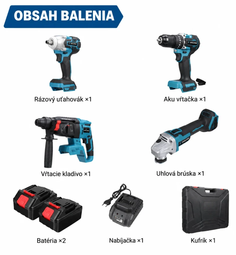 Obsah balenia štvordielnej AKU sady Drillpro