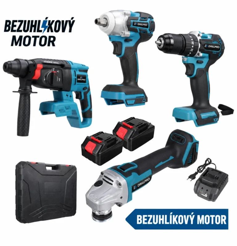 Štyri nástroje Drillpro s dvoma batériami, nabíjačkou a kufríkom