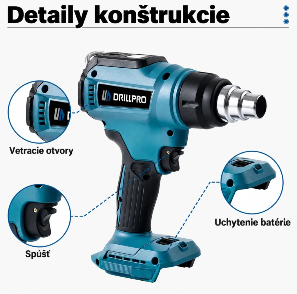 Spúšť, vetracie otvory a uchytenie batérie pištole Drillpro