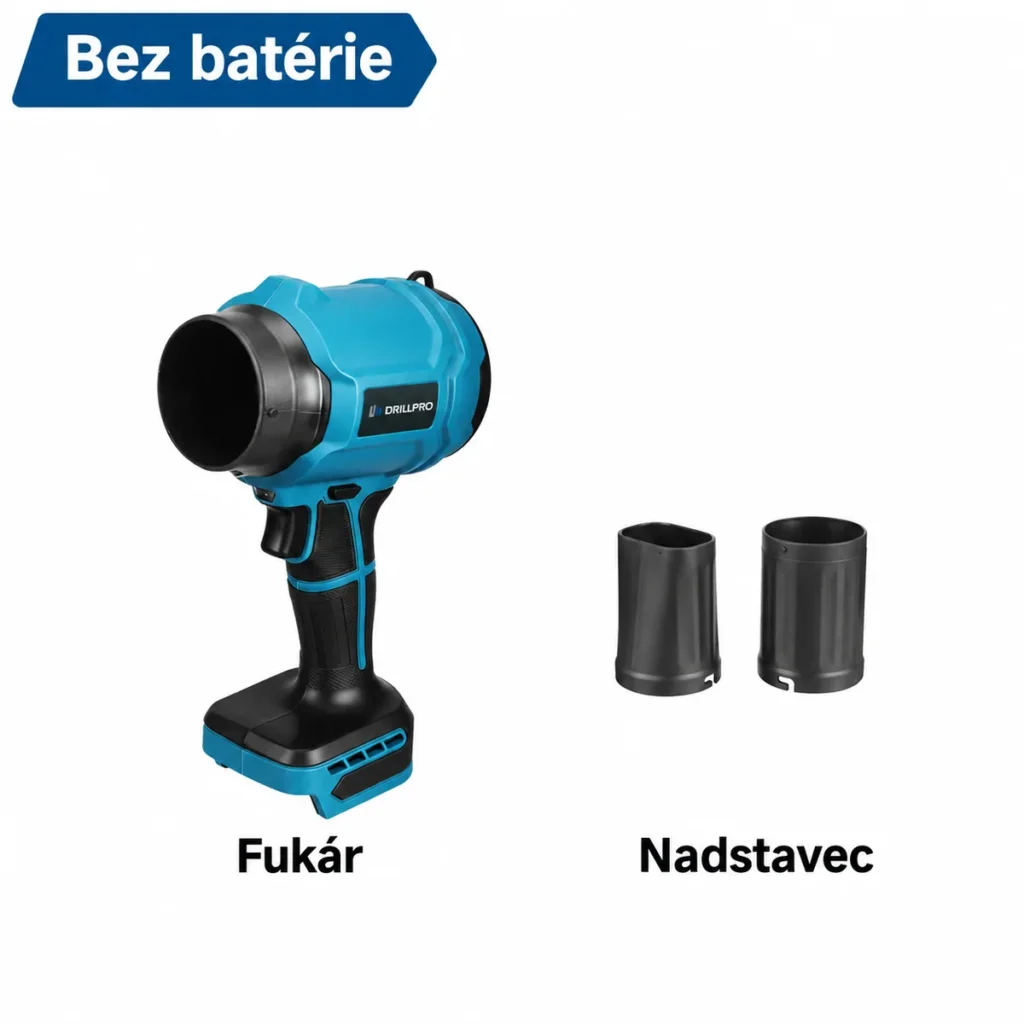 Fukár Drillpro a nadstavec na bielom pozadí, bez batérie a nabíjačky.