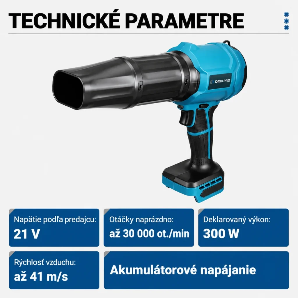 Fukár Drillpro s údajmi 21 V, 300 W, až 30 000 ot./min a rýchlosťou vzduchu až 41 m/s.