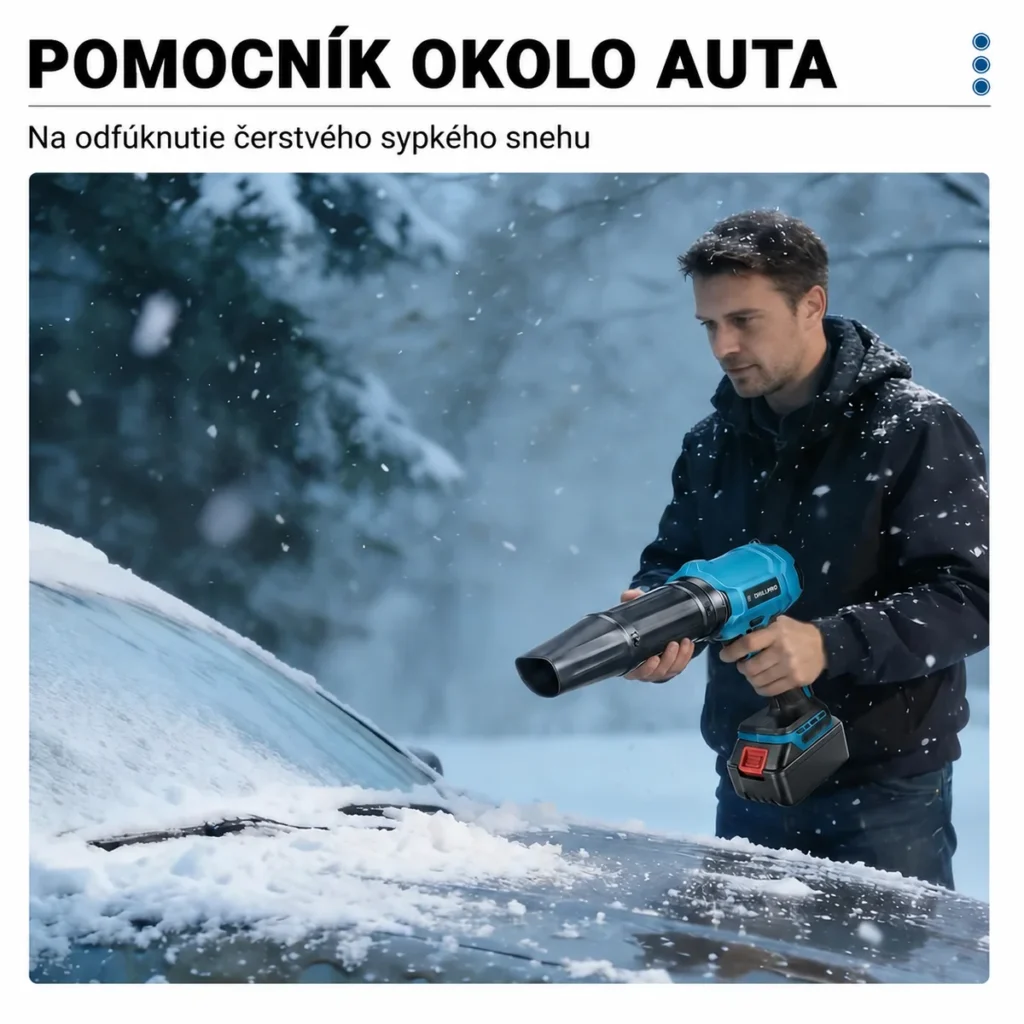 Muž používa akumulátorový fukár Drillpro na odfúknutie sypkého snehu z auta.