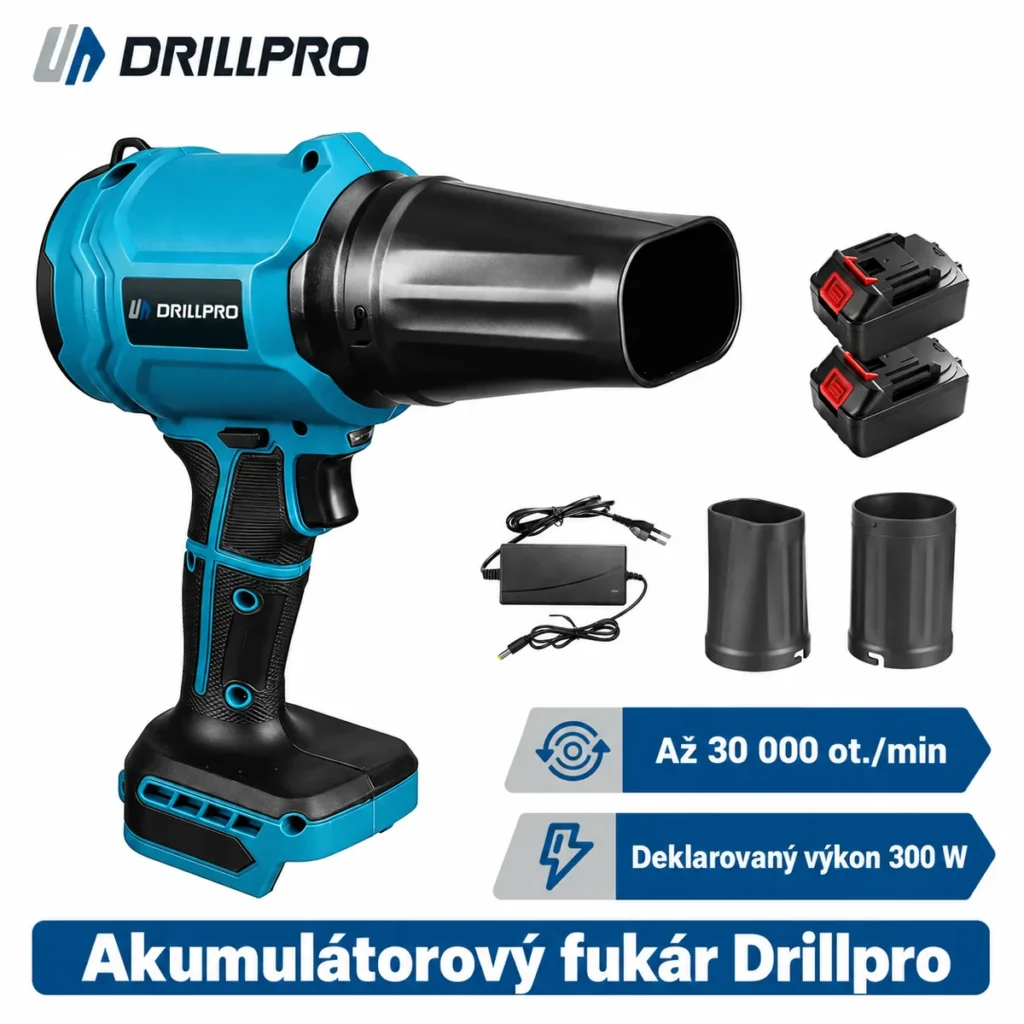 Modro-čierny fukár Drillpro, dva akumulátory, nabíjačka a nadstavce.