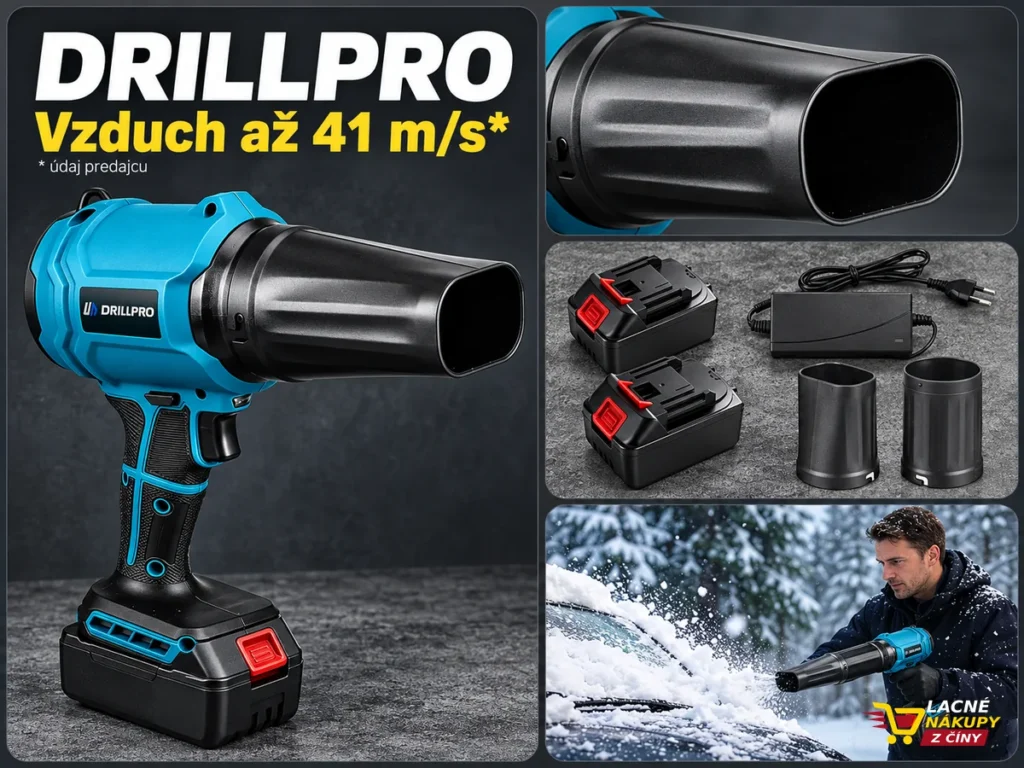 Dlaždicová titulka fukára Drillpro s detailom nadstavca, batériami a ukážkou použitia.