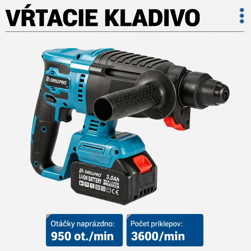 Akumulátorové vŕtacie kladivo Drillpro s pomocnou rukoväťou