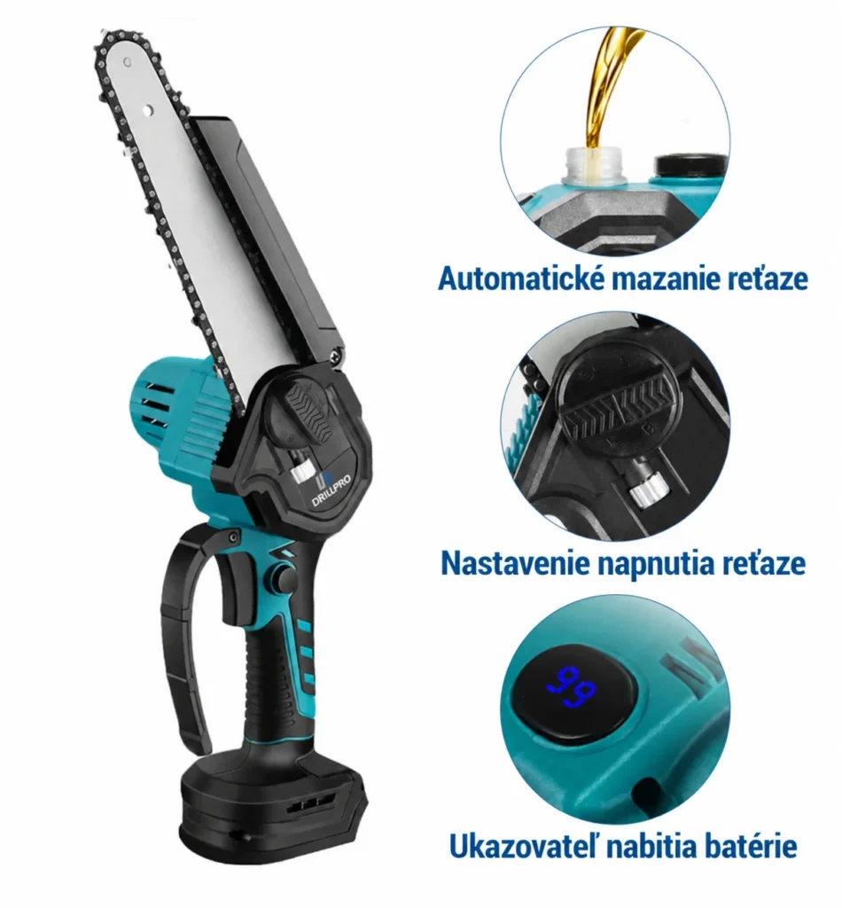 Mazanie reťaze, nastavenie napnutia a ukazovateľ batérie