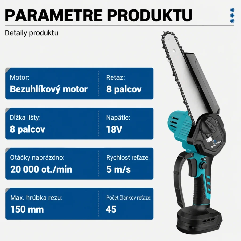 Parametre 18V reťazovej píly Drillpro s 8-palcovou lištou