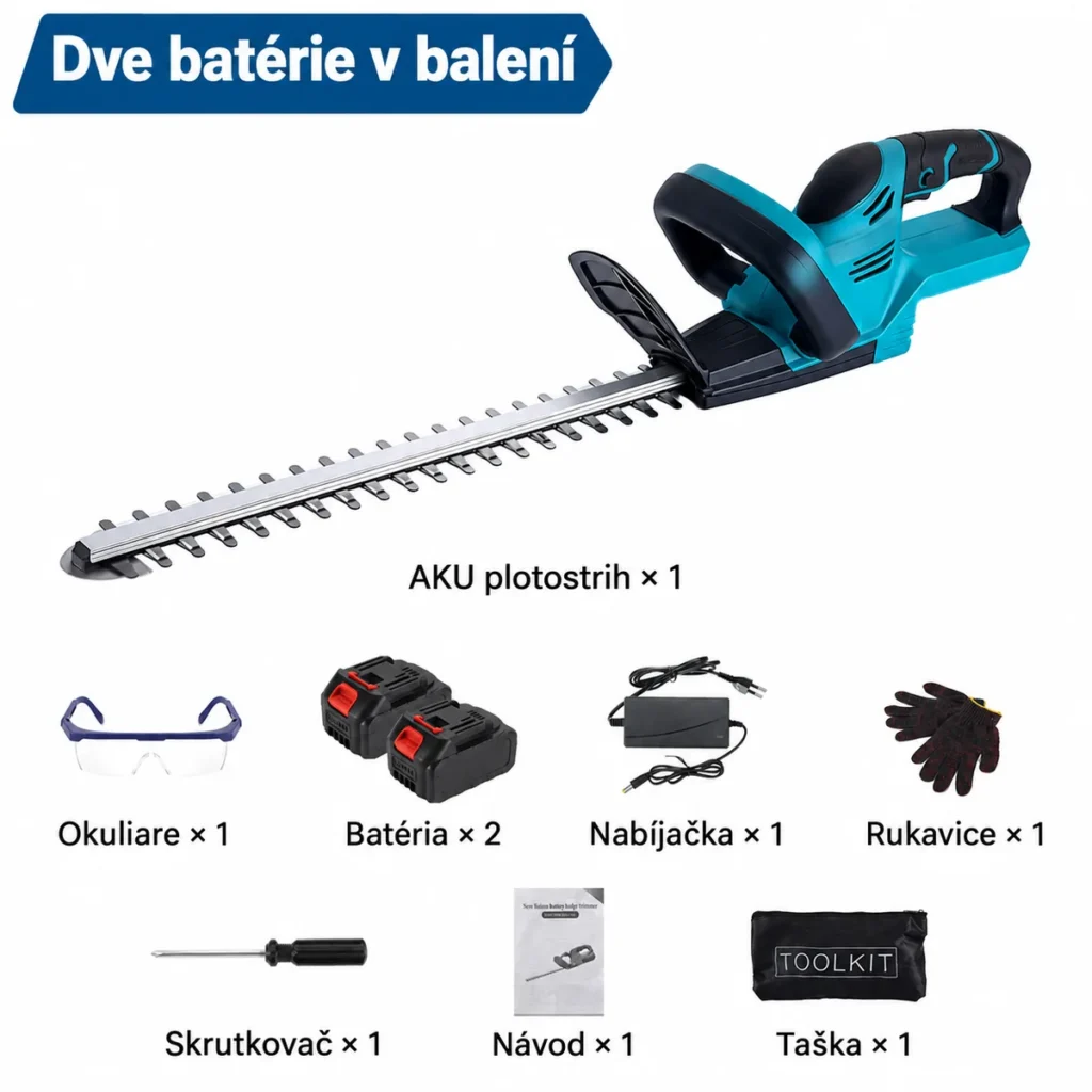 Obsah balenia plotostrihu Drillpro vrátane dvoch batérií