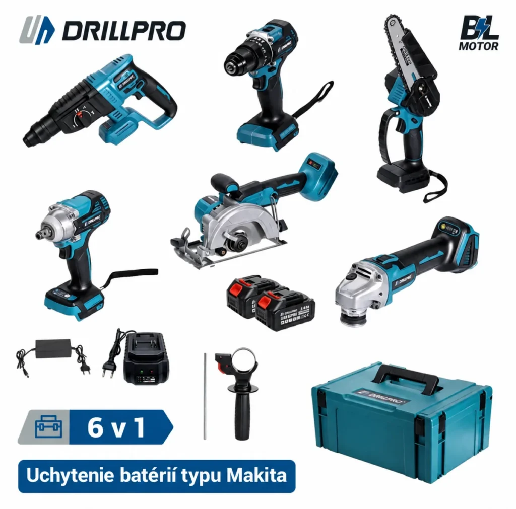 Obsah sady Drillpro 6 v 1 s batériami, príslušenstvom a kufrom