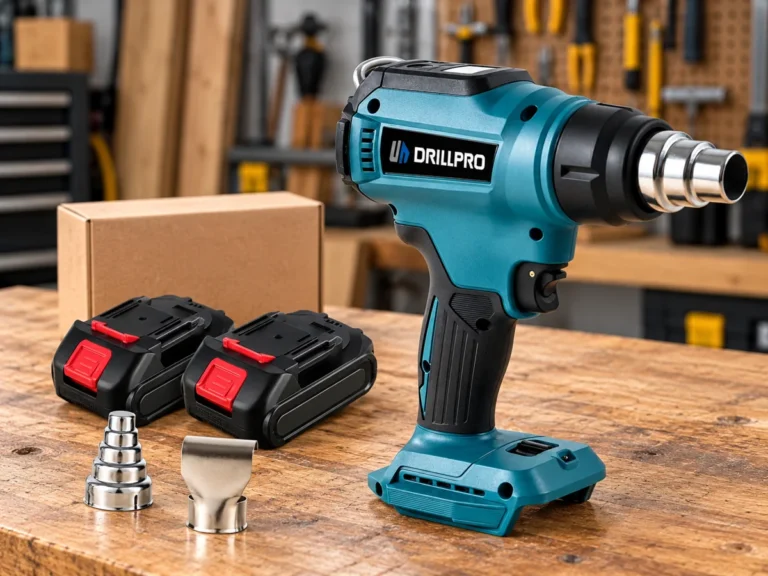 Teplovzdušná pištoľ Drillpro s dvoma batériami na dielenskom stole