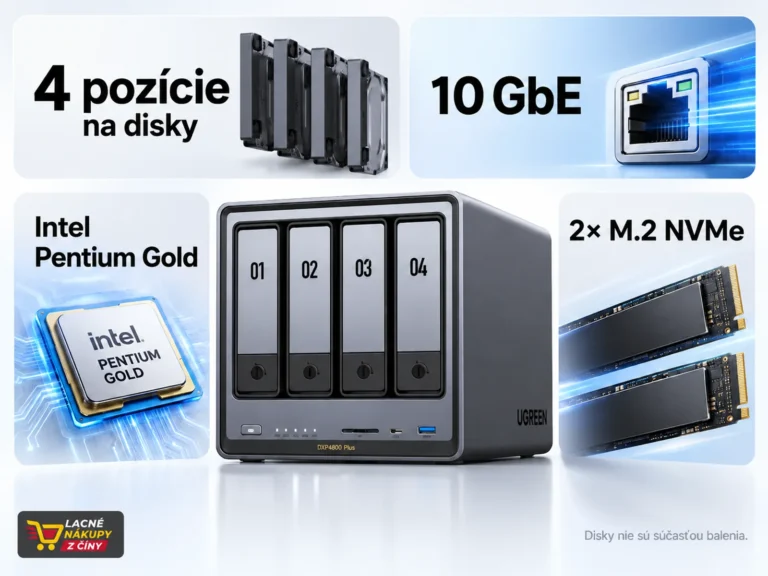 UGREEN NASync DXP4800 Plus zlacnel na 609,99 €. Oproti slovenským eshopom ušetríš 110 €. Má štyri pozície na disky, 2xM.2 a 10 GbE