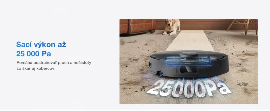 ECOVACS DEEBOT T30e OMNI pri vysávaní koberca s deklarovaným sacím výkonom 25 000 Pa