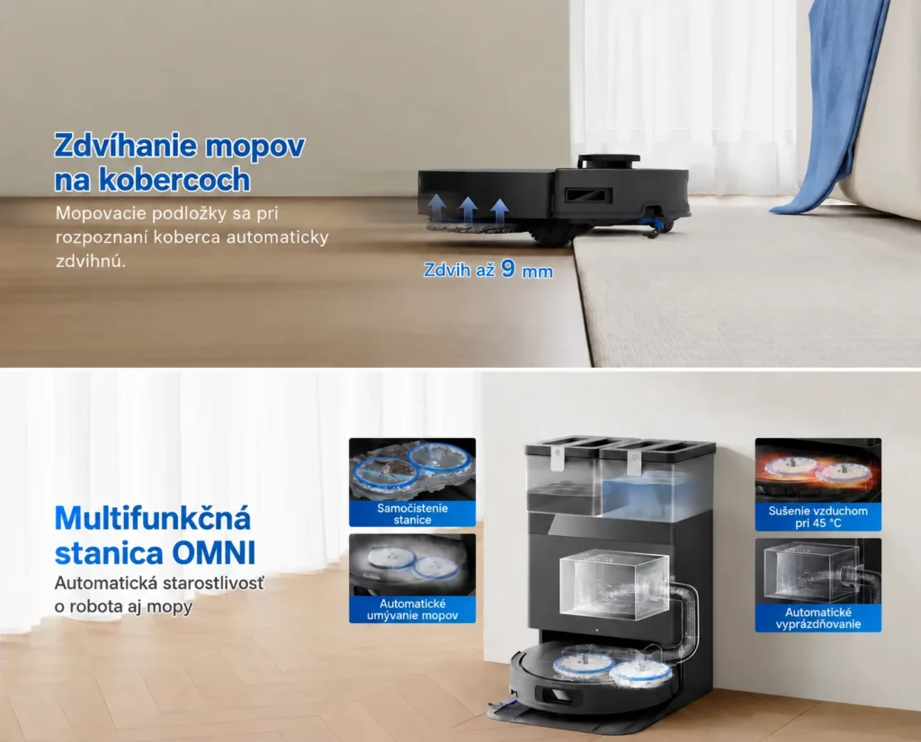 Zdvíhanie mopov o 9 mm a automatické funkcie stanice OMNI vysávača ECOVACS T30eZdvíhanie mopov a automatická stanica OMNI