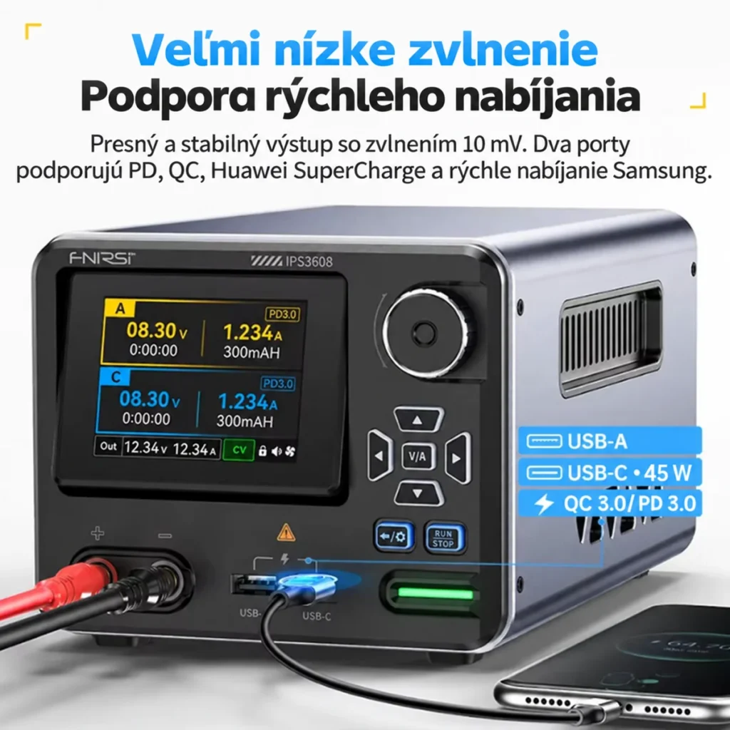 USB-A a USB-C výstupy zdroja FNIRSI IPS3608